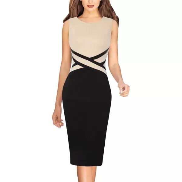 VFSHOW Womens Colorblock Front Zipper Work Office Business Party Bodycon Pencil DressBeigeblack2