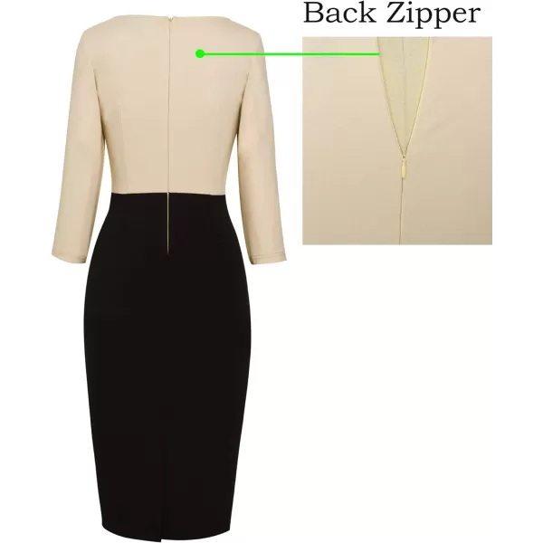 VFSHOW Womens Colorblock Front Zipper Work Office Business Party Bodycon Pencil DressBeigeblack34 Sleeve