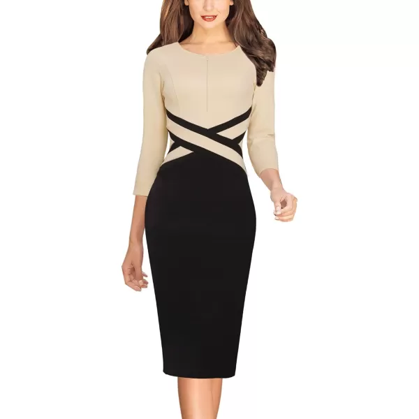 VFSHOW Womens Colorblock Front Zipper Work Office Business Party Bodycon Pencil DressBeigeblack34 Sleeve