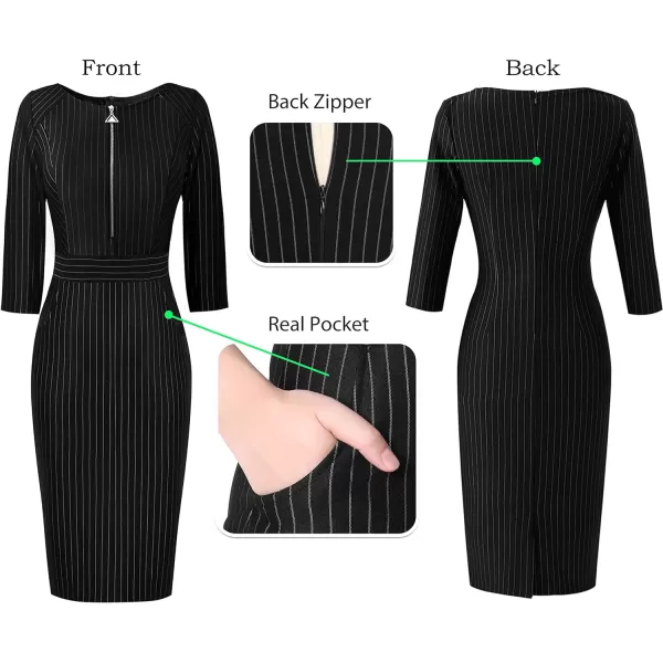 VFSHOW Womens Colorblock Front Zipper Work Office Business Party Bodycon Pencil DressBlack  White Stripes2