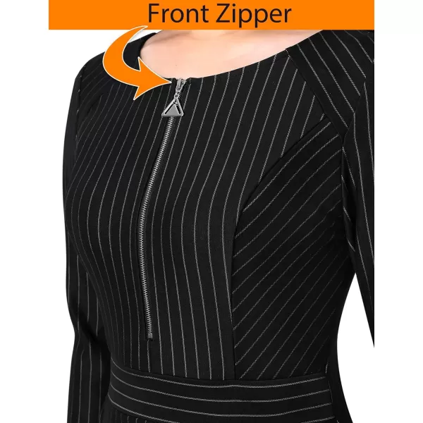 VFSHOW Womens Colorblock Front Zipper Work Office Business Party Bodycon Pencil DressBlack  White Stripes2