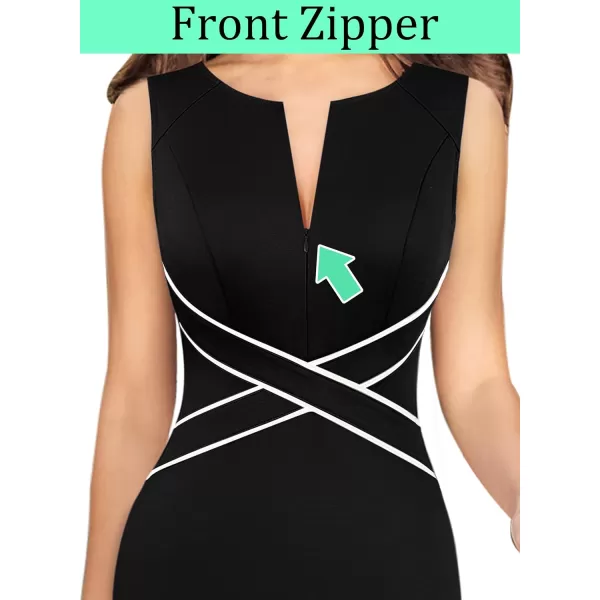 VFSHOW Womens Colorblock Front Zipper Work Office Business Party Bodycon Pencil DressBlack