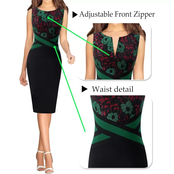 VFSHOW Womens Colorblock Front Zipper Work Office Business Party Bodycon Pencil DressBlack Green and Red Lace