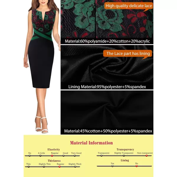 VFSHOW Womens Colorblock Front Zipper Work Office Business Party Bodycon Pencil DressBlack Green and Red Lace