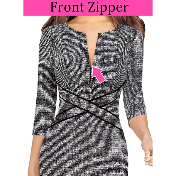 VFSHOW Womens Colorblock Front Zipper Work Office Business Party Bodycon Pencil DressBlack Tweed  Black Piping