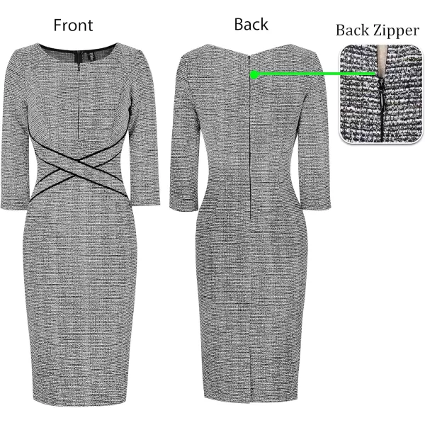 VFSHOW Womens Colorblock Front Zipper Work Office Business Party Bodycon Pencil DressBlack Tweed  Black Piping