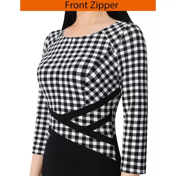 VFSHOW Womens Colorblock Front Zipper Work Office Business Party Bodycon Pencil DressBlack White Tartan  Black