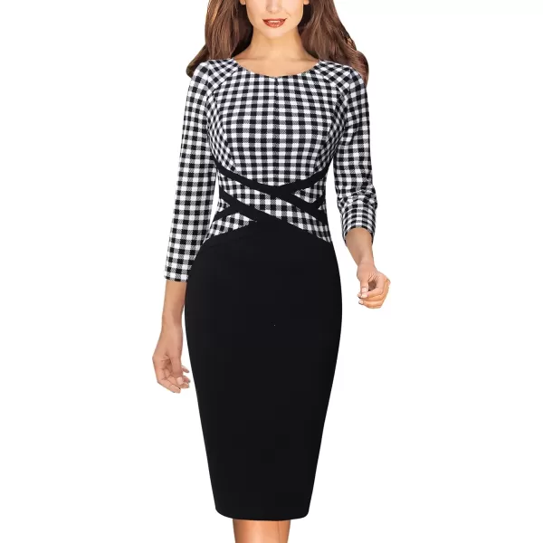 VFSHOW Womens Colorblock Front Zipper Work Office Business Party Bodycon Pencil DressBlack White Tartan  Black