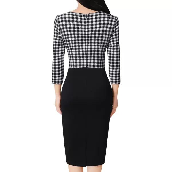 VFSHOW Womens Colorblock Front Zipper Work Office Business Party Bodycon Pencil DressBlack White Tartan  Black