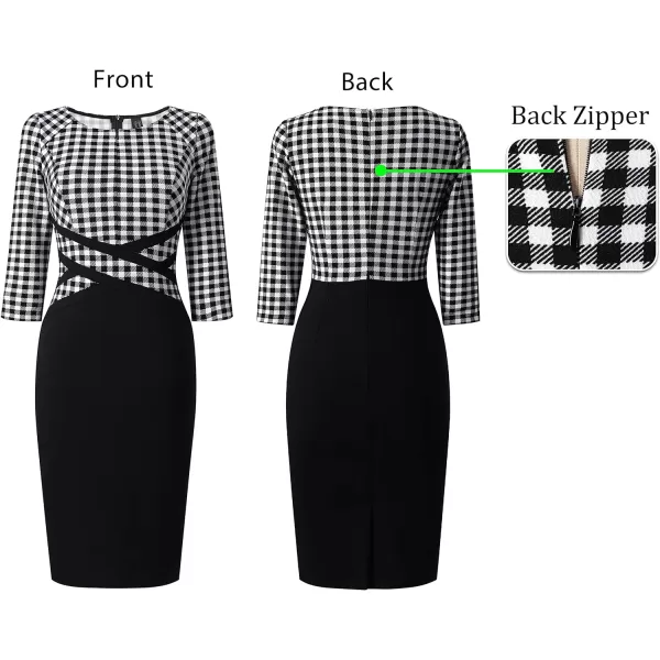 VFSHOW Womens Colorblock Front Zipper Work Office Business Party Bodycon Pencil DressBlack White Tartan  Black