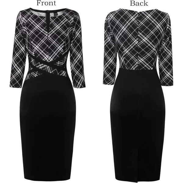 VFSHOW Womens Colorblock Front Zipper Work Office Business Party Bodycon Pencil DressBlack and White Checkblack