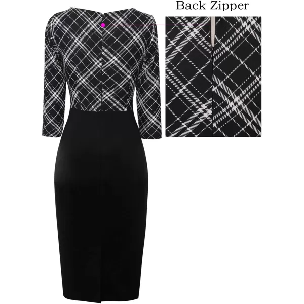 VFSHOW Womens Colorblock Front Zipper Work Office Business Party Bodycon Pencil DressBlack and White Checkblack