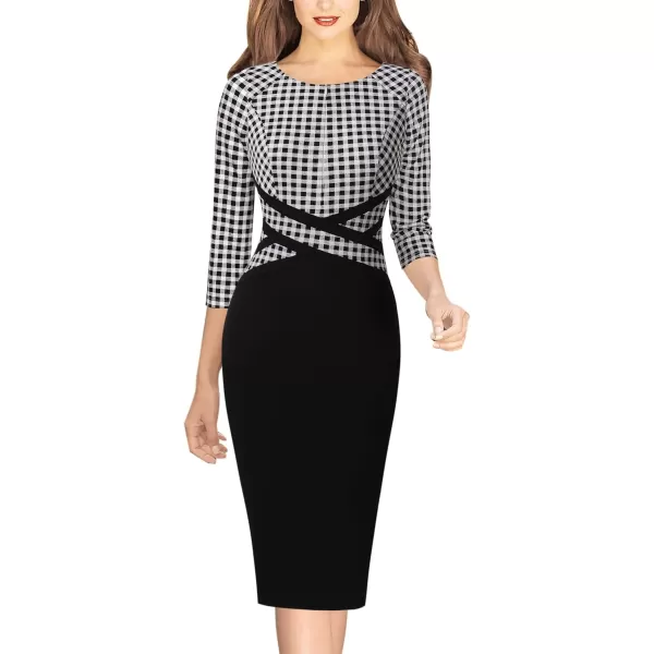 VFSHOW Womens Colorblock Front Zipper Work Office Business Party Bodycon Pencil DressBlack and White Gingham Plaid