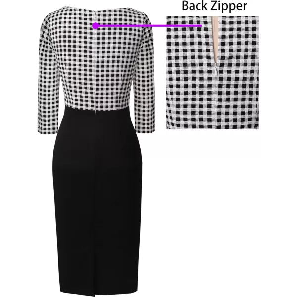 VFSHOW Womens Colorblock Front Zipper Work Office Business Party Bodycon Pencil DressBlack and White Gingham Plaid