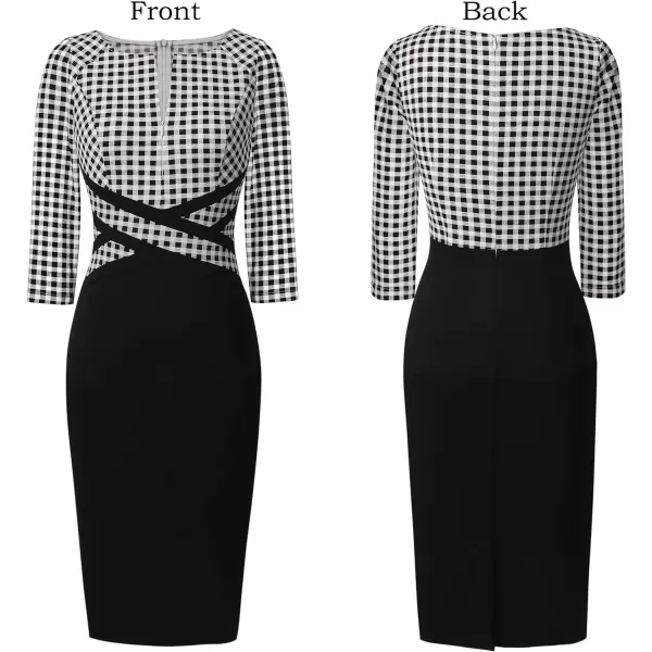 VFSHOW Womens Colorblock Front Zipper Work Office Business Party Bodycon Pencil DressBlack and White Gingham Plaid