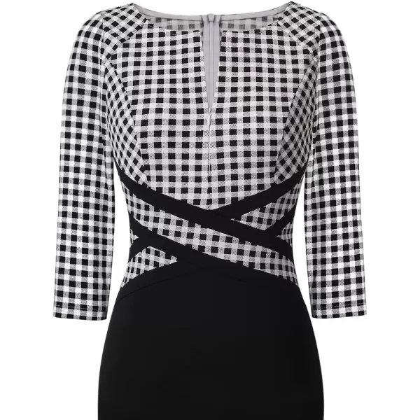 VFSHOW Womens Colorblock Front Zipper Work Office Business Party Bodycon Pencil DressBlack and White Gingham Plaid