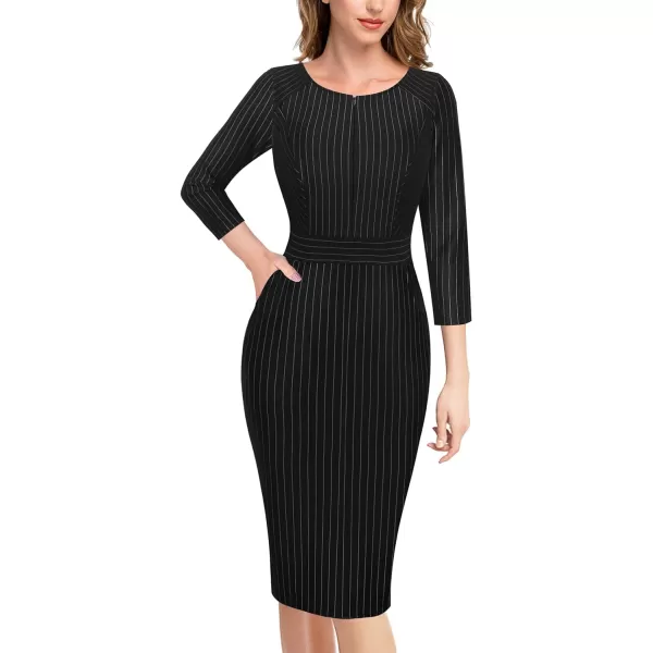 VFSHOW Womens Colorblock Front Zipper Work Office Business Party Bodycon Pencil DressBlack and White Stripes