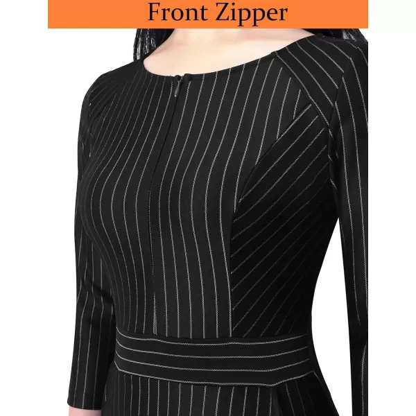 VFSHOW Womens Colorblock Front Zipper Work Office Business Party Bodycon Pencil DressBlack and White Stripes