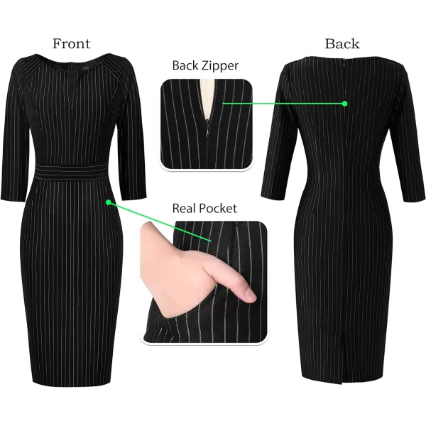 VFSHOW Womens Colorblock Front Zipper Work Office Business Party Bodycon Pencil DressBlack and White Stripes