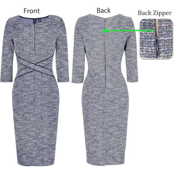 VFSHOW Womens Colorblock Front Zipper Work Office Business Party Bodycon Pencil DressBlue Tweed  Navy Piping