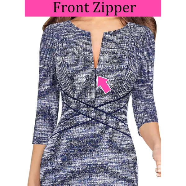 VFSHOW Womens Colorblock Front Zipper Work Office Business Party Bodycon Pencil DressBlue Tweed  Navy Piping