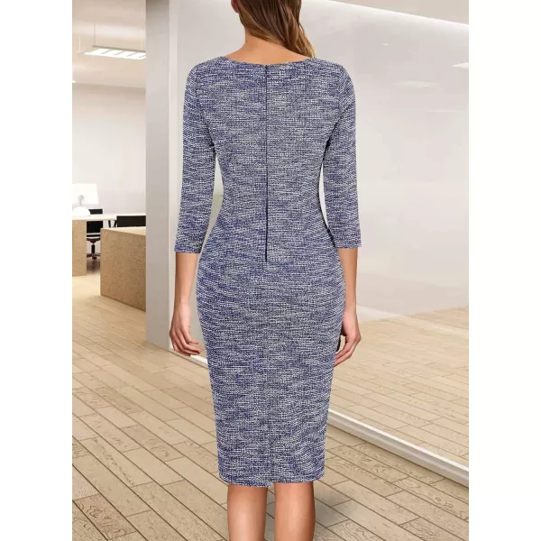 VFSHOW Womens Colorblock Front Zipper Work Office Business Party Bodycon Pencil DressBlue Tweed  Navy Piping