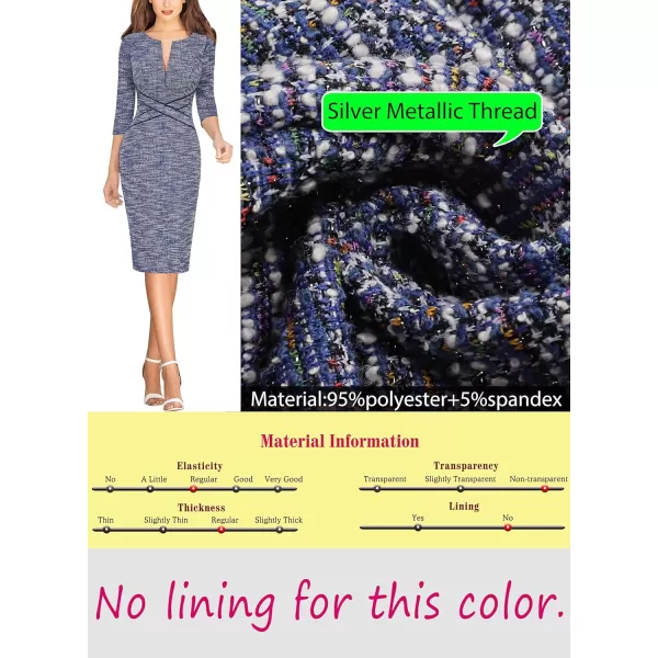 VFSHOW Womens Colorblock Front Zipper Work Office Business Party Bodycon Pencil DressBlue Tweed  Navy Piping