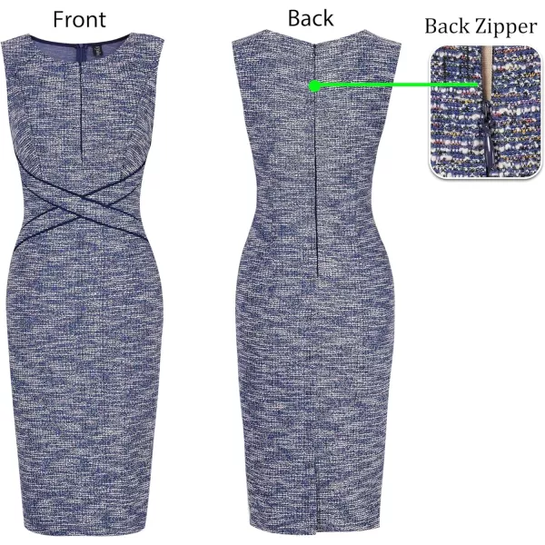 VFSHOW Womens Colorblock Front Zipper Work Office Business Party Bodycon Pencil DressBlue Tweed  Navy Piping2