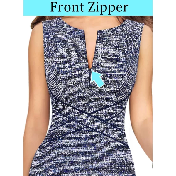 VFSHOW Womens Colorblock Front Zipper Work Office Business Party Bodycon Pencil DressBlue Tweed  Navy Piping2