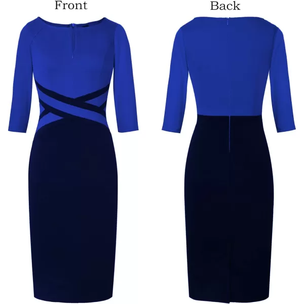 VFSHOW Womens Colorblock Front Zipper Work Office Business Party Bodycon Pencil DressBlueblack34 Sleeve