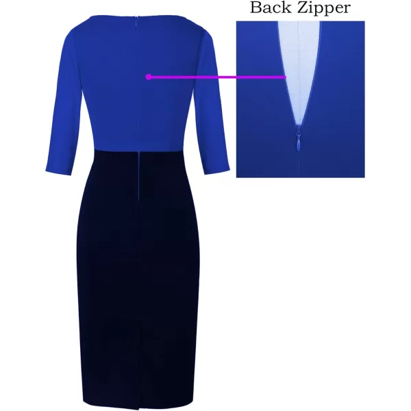 VFSHOW Womens Colorblock Front Zipper Work Office Business Party Bodycon Pencil DressBlueblack34 Sleeve