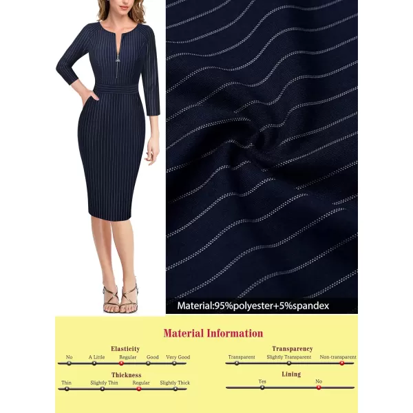 VFSHOW Womens Colorblock Front Zipper Work Office Business Party Bodycon Pencil DressDark Blue  White Stripes2