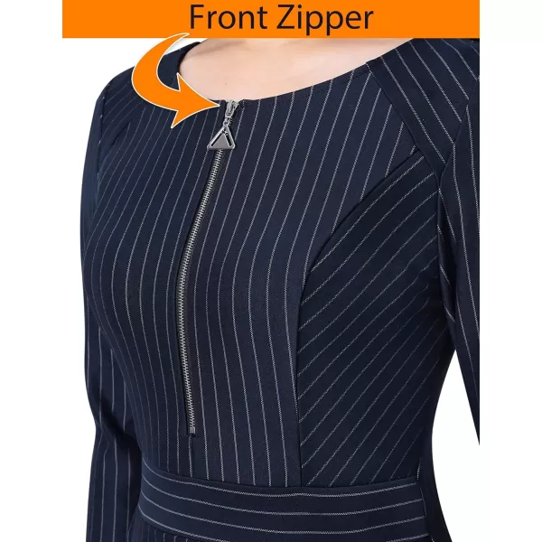 VFSHOW Womens Colorblock Front Zipper Work Office Business Party Bodycon Pencil DressDark Blue  White Stripes2