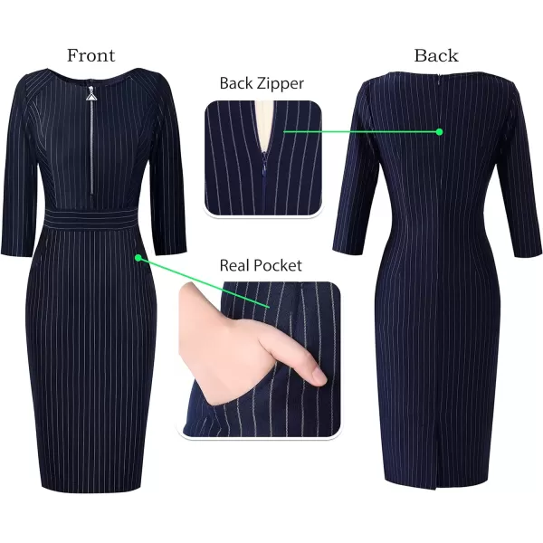 VFSHOW Womens Colorblock Front Zipper Work Office Business Party Bodycon Pencil DressDark Blue  White Stripes2