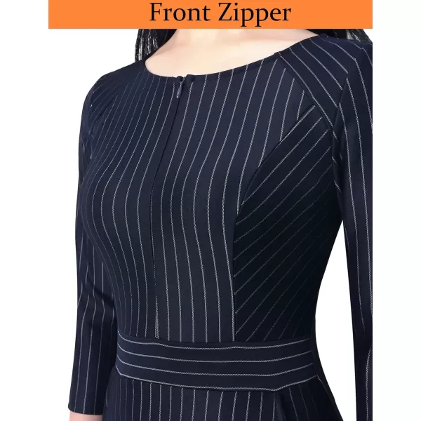 VFSHOW Womens Colorblock Front Zipper Work Office Business Party Bodycon Pencil DressDark Blue and White Stripes