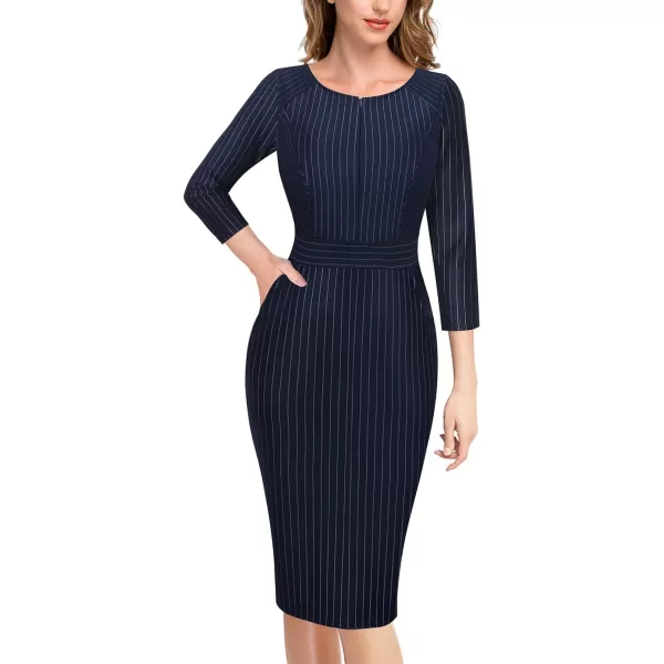 VFSHOW Womens Colorblock Front Zipper Work Office Business Party Bodycon Pencil DressDark Blue and White Stripes