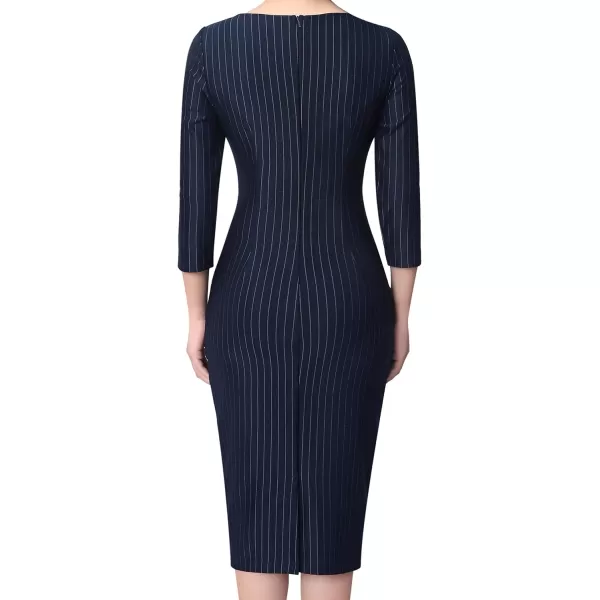 VFSHOW Womens Colorblock Front Zipper Work Office Business Party Bodycon Pencil DressDark Blue and White Stripes