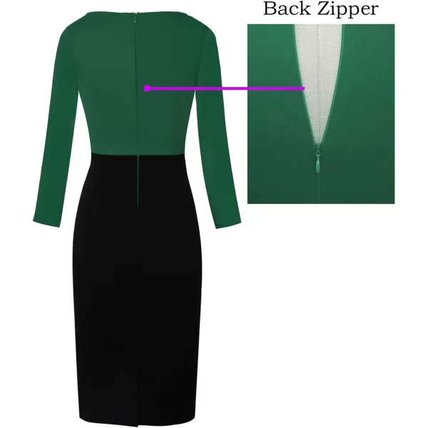 VFSHOW Womens Colorblock Front Zipper Work Office Business Party Bodycon Pencil DressGreen and Blacklong Sleeve