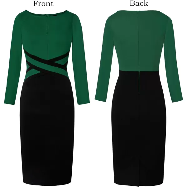 VFSHOW Womens Colorblock Front Zipper Work Office Business Party Bodycon Pencil DressGreen and Blacklong Sleeve