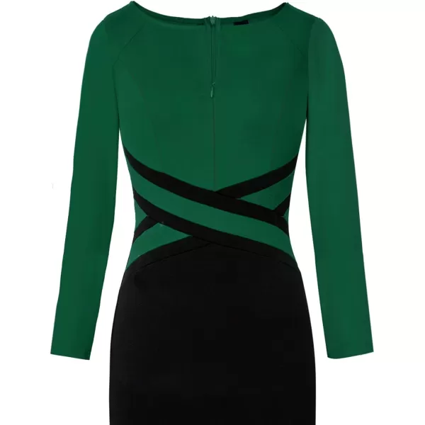 VFSHOW Womens Colorblock Front Zipper Work Office Business Party Bodycon Pencil DressGreen and Blacklong Sleeve