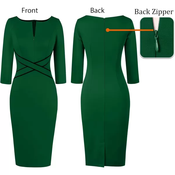 VFSHOW Womens Colorblock Front Zipper Work Office Business Party Bodycon Pencil DressGreen34 Sleeve