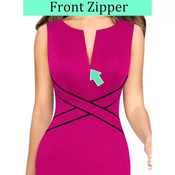 VFSHOW Womens Colorblock Front Zipper Work Office Business Party Bodycon Pencil DressHot Pink