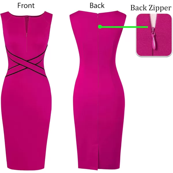 VFSHOW Womens Colorblock Front Zipper Work Office Business Party Bodycon Pencil DressHot Pink