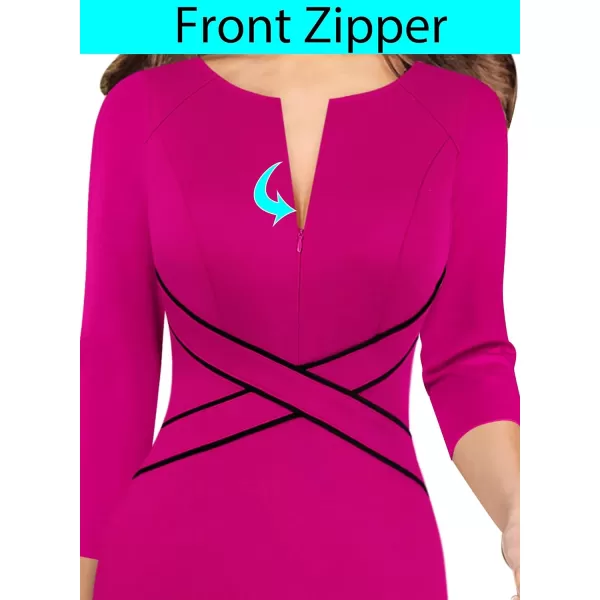 VFSHOW Womens Colorblock Front Zipper Work Office Business Party Bodycon Pencil DressHot Pink34 Sleeve