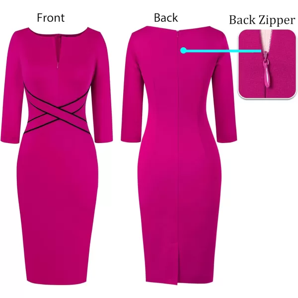 VFSHOW Womens Colorblock Front Zipper Work Office Business Party Bodycon Pencil DressHot Pink34 Sleeve