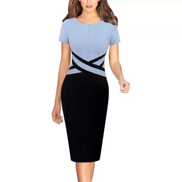 VFSHOW Womens Colorblock Front Zipper Work Office Business Party Bodycon Pencil DressLight Blueblack