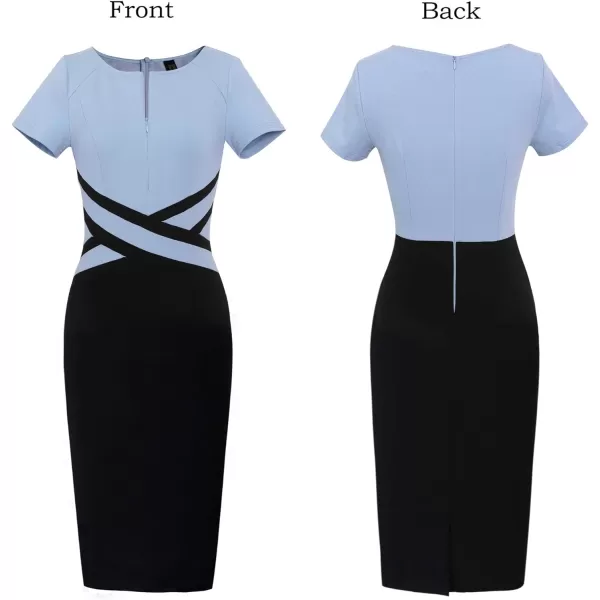 VFSHOW Womens Colorblock Front Zipper Work Office Business Party Bodycon Pencil DressLight Blueblack