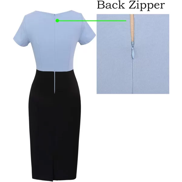 VFSHOW Womens Colorblock Front Zipper Work Office Business Party Bodycon Pencil DressLight Blueblack