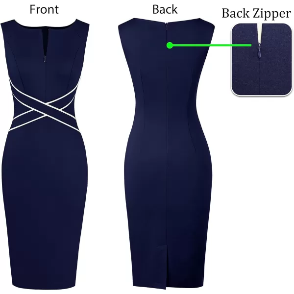 VFSHOW Womens Colorblock Front Zipper Work Office Business Party Bodycon Pencil DressNavy Blue White Piping