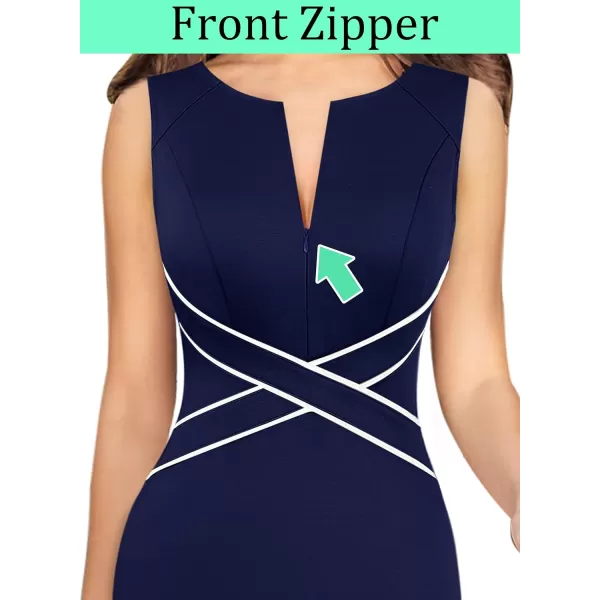 VFSHOW Womens Colorblock Front Zipper Work Office Business Party Bodycon Pencil DressNavy Blue White Piping